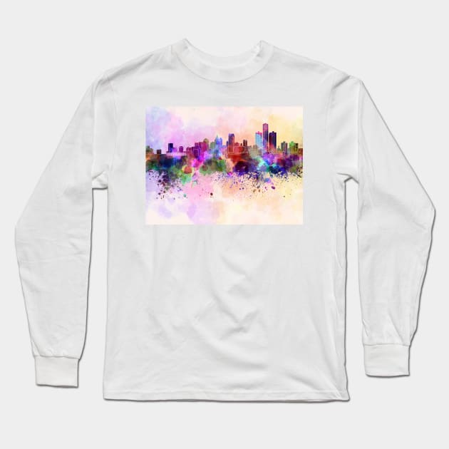 Detroit skyline in watercolor background Long Sleeve T-Shirt by PaulrommerArt